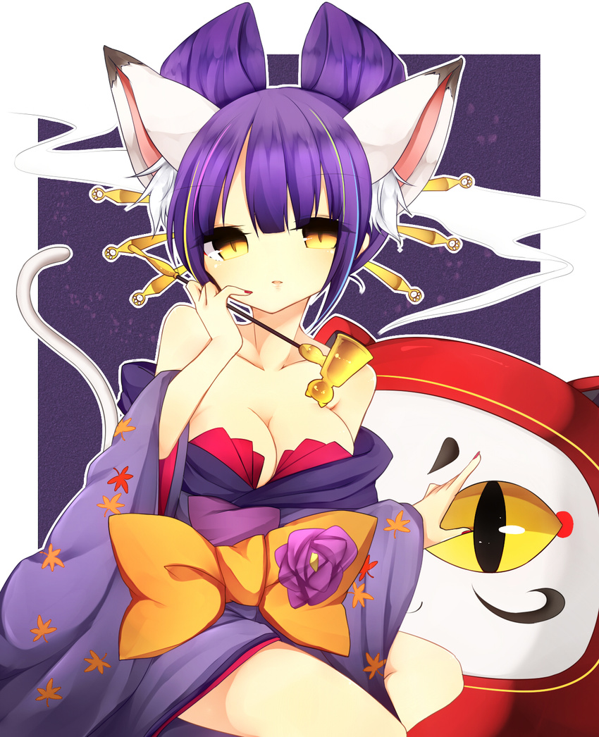 a-iueo animal_ears bare_shoulders breasts cat_ears cat_tail cleavage daru_dayu highres japanese_clothes kimono kiseru large_breasts multicolored_hair nail_polish pipe purple_hair short_hair show_by_rock!! slit_pupils solo tail yellow_eyes yuujo