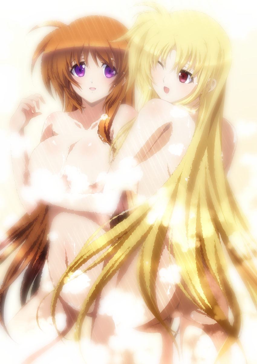 :d ass bathing blonde_hair breasts brown_hair cleavage convenient_censoring fate_testarossa highres ka2 large_breasts long_hair lyrical_nanoha mahou_shoujo_lyrical_nanoha_strikers multiple_girls nude one_eye_closed open_mouth purple_eyes red_eyes showering smile steam steam_censor takamachi_nanoha very_long_hair