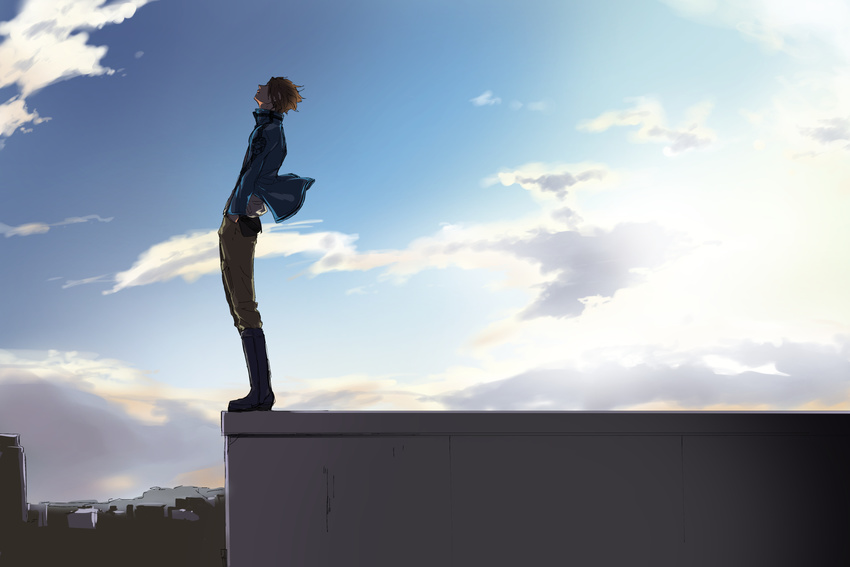 boots closed_eyes full_body hands_in_pockets highres jacket jin_yuuichi kujou_negita male_focus profile red_hair revision rooftop sky solo standing wind world_trigger