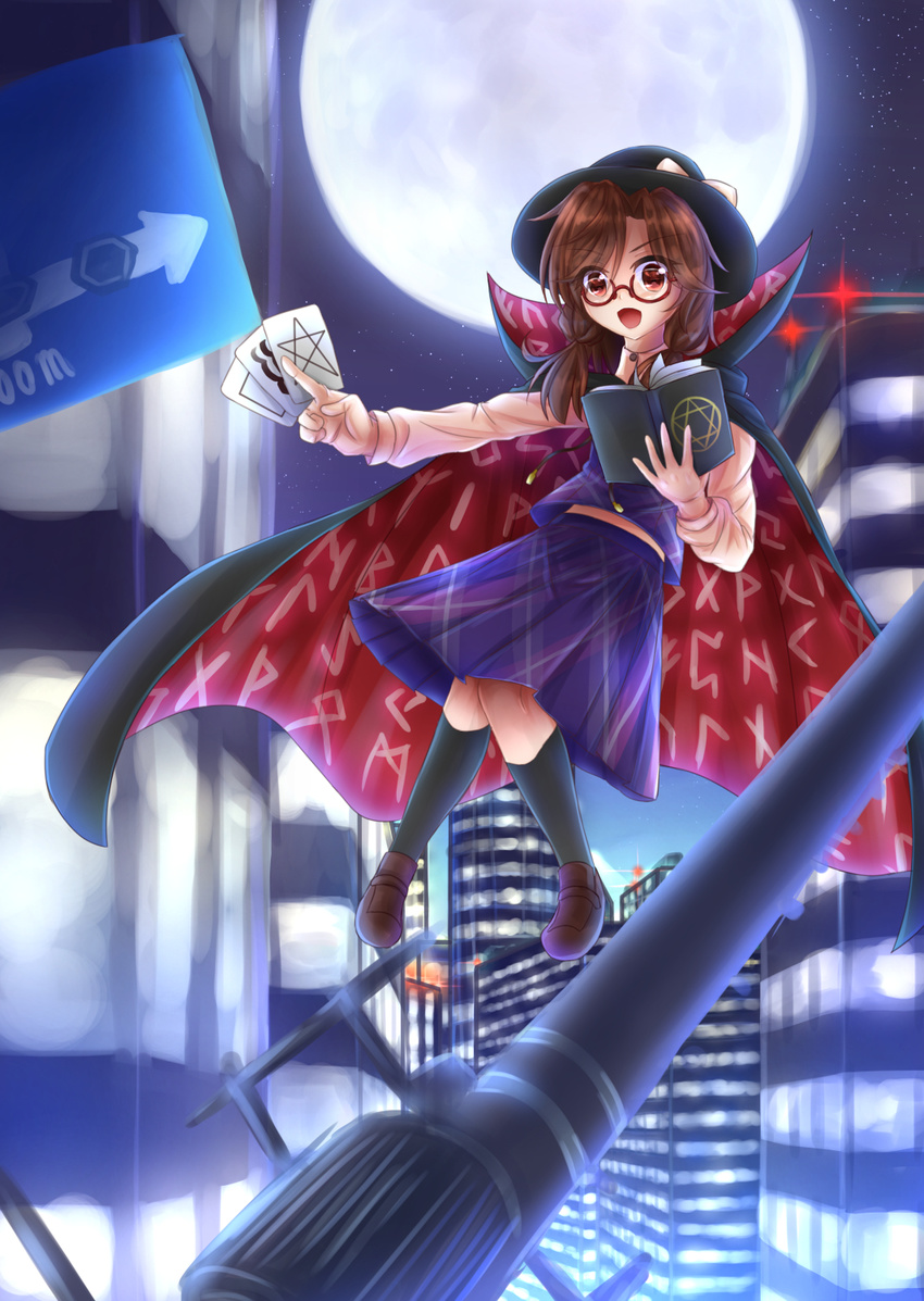 :d bad_id bad_pixiv_id between_fingers book brown_eyes brown_hair cape city clothes_writing flying full_body full_moon glasses hat hexagram highres konoki_shiitake moon night open_mouth pleated_skirt road_sign shirt sign skirt sky smile solo star_(sky) star_of_david starry_sky touhou usami_sumireko vest zener_card