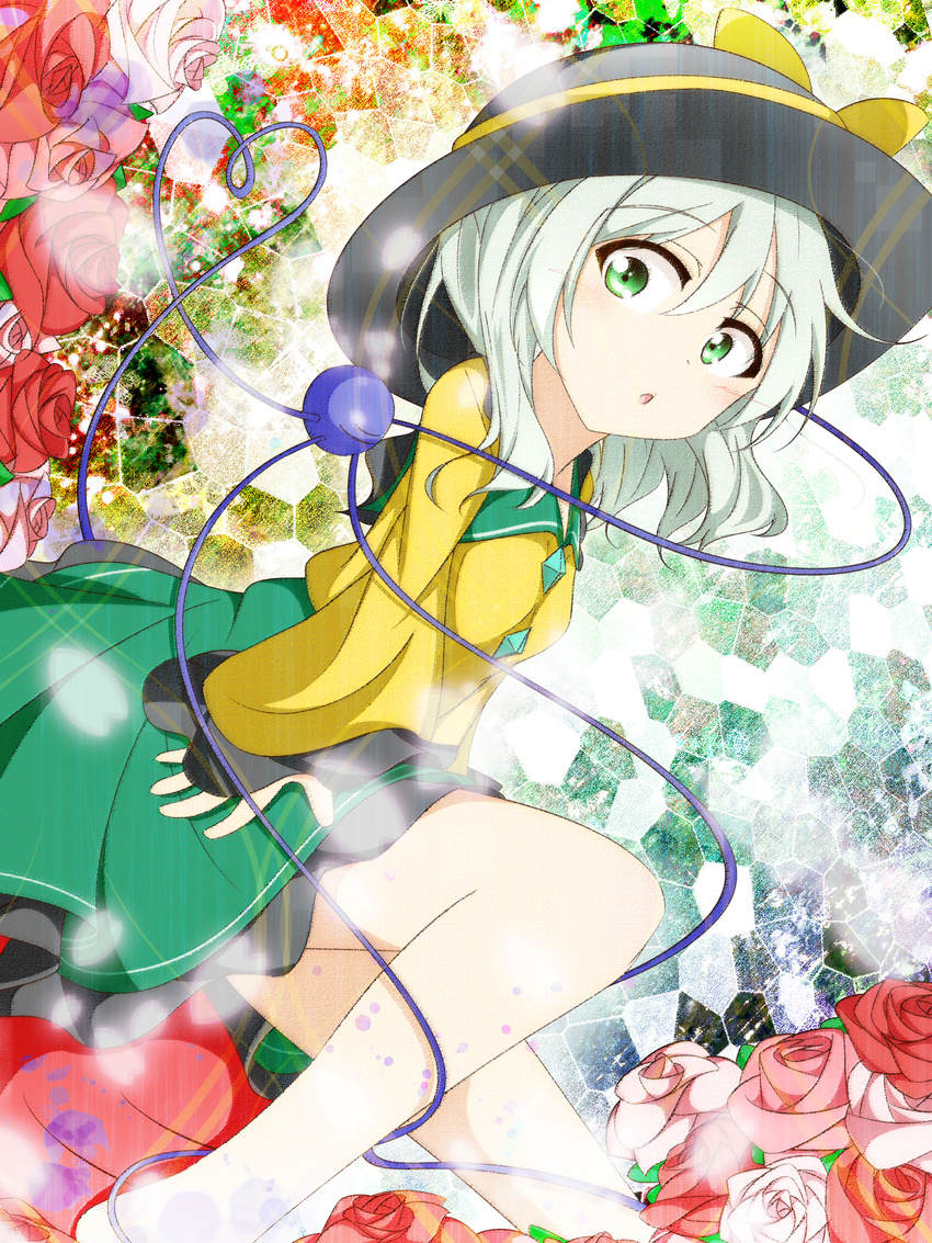 :o blouse blush breasts distortion fate_no_keshin flower green_eyes green_hair hat heart heart_of_string highres komeiji_koishi legs looking_at_viewer rose short_hair skirt small_breasts solo touhou