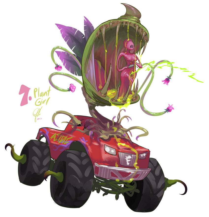 1girl commentary controller highres monster_girl monster_truck no_eyes open_mouth original pink_skin plant plant_girl remote_control stitched_mouth stitches suggestive_fluid triple-q vines what
