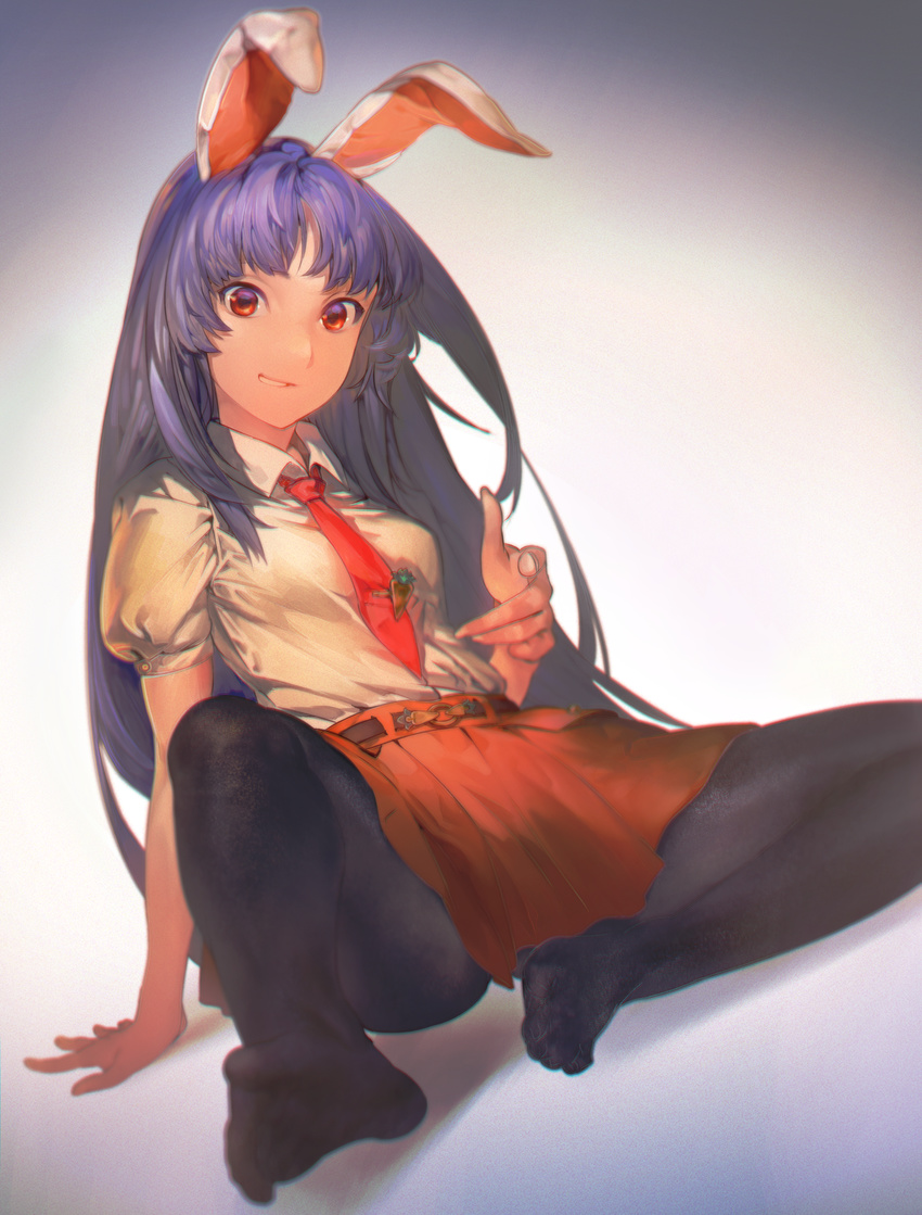 aiming_at_viewer animal_ears aritoki_ritsu belt black_legwear brooch bunny_ears carrot feet finger_gun gradient gradient_background highres jewelry long_hair looking_at_viewer neckerchief necktie no_shoes pantyhose pointing pointing_at_viewer puffy_short_sleeves puffy_sleeves purple_hair red_eyes red_neckwear reisen_udongein_inaba shirt short_sleeves simple_background sitting skirt smirk solo touhou
