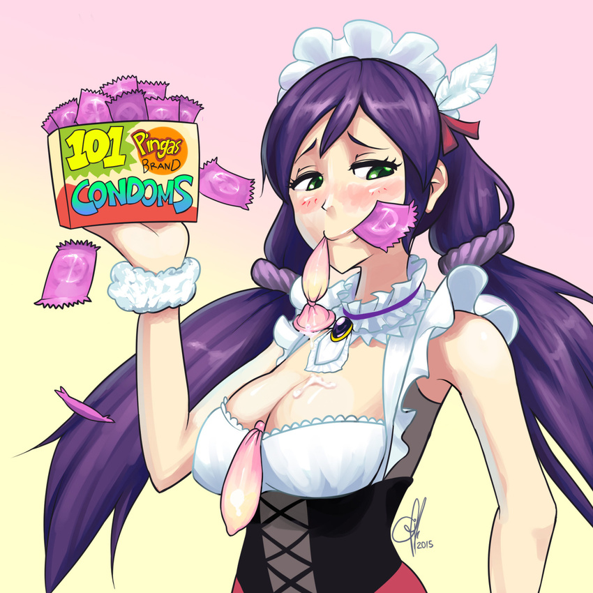 1girl 2015 alternate_costume blush box breasts cleavage commentary condom condom_box condom_in_mouth condom_wrapper corset cum cum_on_body cum_on_breasts cum_on_upper_body dated detached_collar enmaided erect_nipples feathers female green_eyes hair_feathers highres large_breasts long_hair love_live!_school_idol_project low_twintails maid maid_headdress meme mouth_hold naughty_face purple_hair scrunchie signature sleeveless solo toujou_nozomi triple-q twintails used_condom