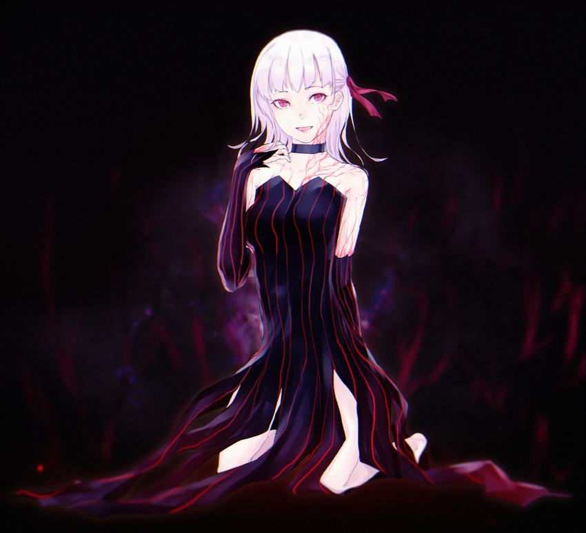 adapted_costume bare_shoulders dark_sakura detached_sleeves fate/stay_night fate_(series) hair_ribbon highres k1hu lavender_hair long_hair matou_sakura red_eyes ribbon solo white_hair