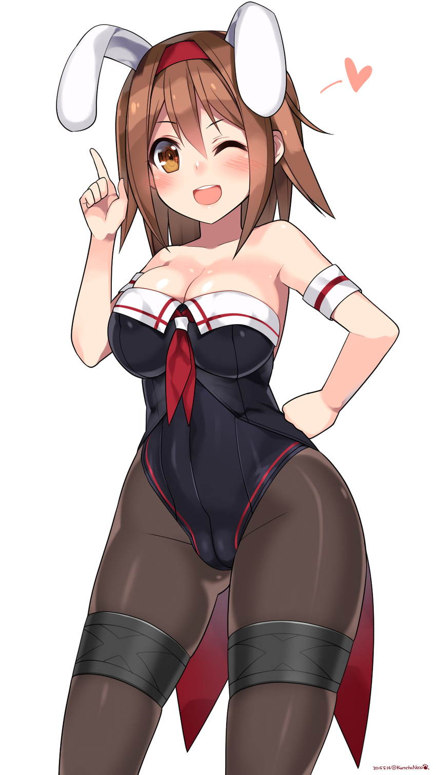 adapted_costume alternate_costume animal_ears armband ascot bare_shoulders blush breasts brown_eyes brown_hair bunny_ears bunny_girl bunnysuit cameltoe cleavage covered_nipples hairband heart highres kantai_collection kuro_chairo_no_neko large_breasts one_eye_closed open_mouth pantyhose pointing pointing_up red_hairband shiratsuyu_(kantai_collection) short_hair skin_tight solo white_background