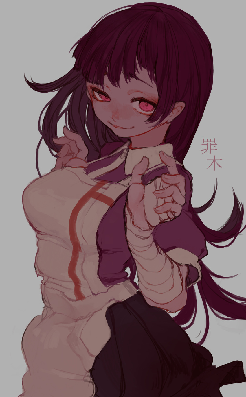 apron bandages black_hair danganronpa highres long_hair met-tha mole mole_under_eye red_eyes smile solo super_danganronpa_2 tsumiki_mikan