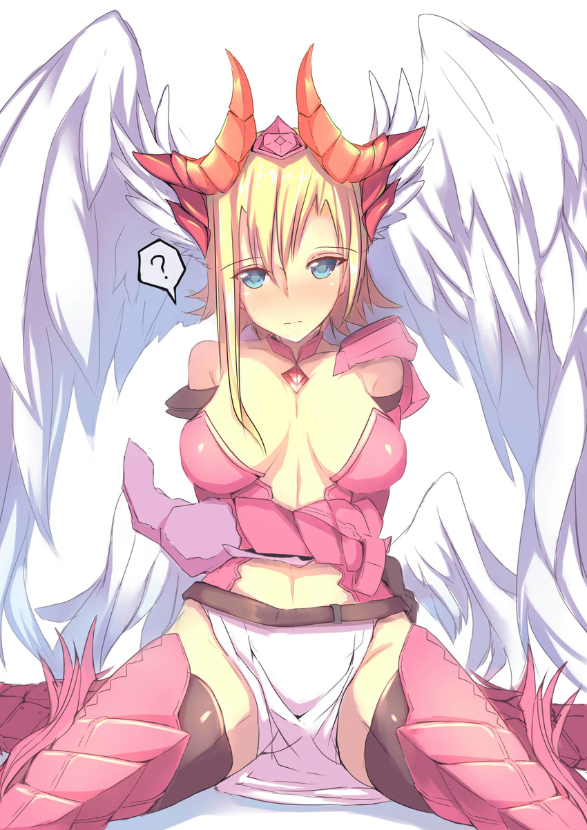 ? absurdres arm_behind_back asymmetrical_hair black_gloves black_legwear blonde_hair blue_eyes breasts cleavage detached_collar diamond_(shape) dragon_girl dragon_horns feathered_wings gloves head_wings highres horns kneeling lao_meng large_breasts long_hair looking_at_viewer low_wings midriff minerva_(p&amp;d) multiple_wings navel no_panties pelvic_curtain puzzle_&amp;_dragons side_slit solo speech_bubble spoken_question_mark thighhighs white_wings wings