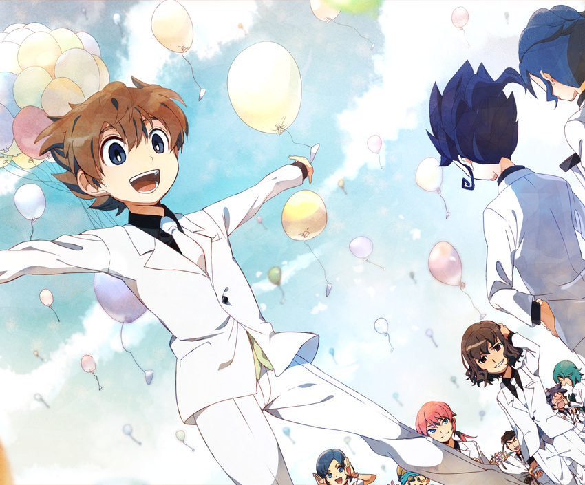 6+boys aqua_eyes black_shirt blue_eyes blue_hair blush bouquet brown_eyes brown_hair closed_eyes cloud day dutch_angle flower formal from_below green_hair headband highres inazuma_eleven_(series) inazuma_eleven_go inazuma_eleven_go_chrono_stone kageyama_hikaru kariya_masaki kirino_ranmaru long_hair male_focus matsukaze_tenma multiple_boys necktie nishizono_shinsuke open_mouth parted_lips petagon pink_hair purple_hair sangoku_taichi shindou_takuto shirt short_hair sky sorano_aoi suit tsurugi_kyousuke tsurugi_yuuichi twintails zanak_abalonic