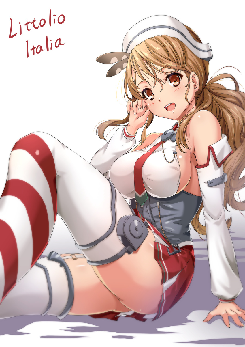 absurdres arm_support arm_warmers bare_shoulders breasts brown_hair character_name corset detached_sleeves garter_straps hair_ornament hair_tousle hat highres italia_(kantai_collection) italy kantai_collection large_breasts littorio_(kantai_collection) long_hair miniskirt necktie red_eyes sakiyamama sideboob sitting skirt solo thighhighs thighs wavy_hair white_legwear