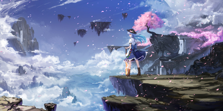 blue_hair boots bow cherry_blossoms cloud cloudy.r day dress floating_island hat hinanawi_tenshi landscape layered_dress long_hair outdoors petals rock scenery skirt sky solo sword_of_hisou touhou tree weapon wind