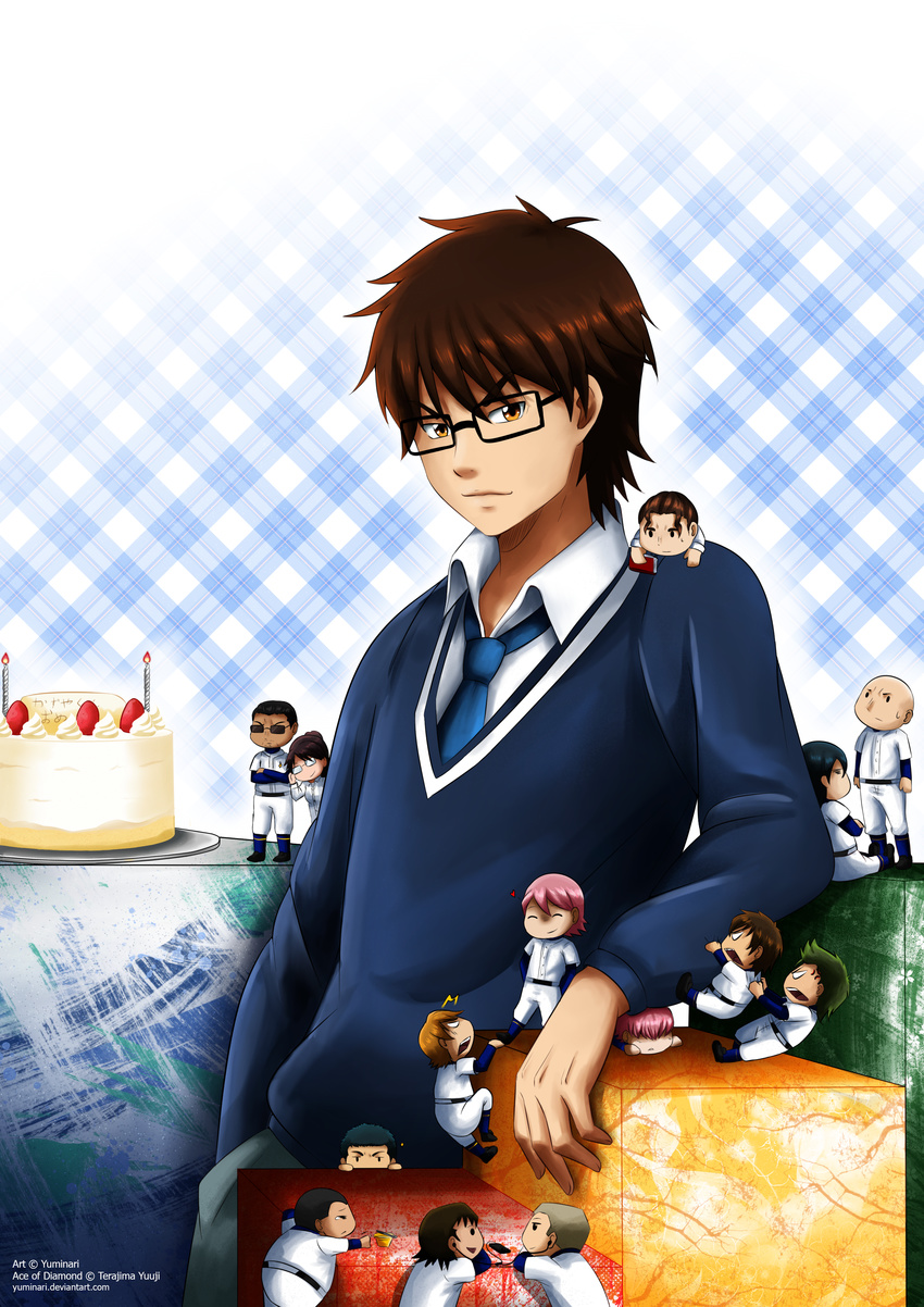 6+boys absurdres ace_of_diamond artist_name bald book brown_hair cake character_request chibi copyright copyright_name digital_media_player earbuds earphones food furuya_satoru glasses green_hair highres isashiki_jun kanemaru_shinji kataoka_tesshin kawakami_norifumi kominato_haruichi kominato_ryousuke light_brown_hair male_focus miyuki_kazuya multiple_boys necktie pink_hair plaid plaid_background sawamura_eijun sunglasses takashima_rei takigawa_chris_yuu tanba_kouichirou watermark yuminari