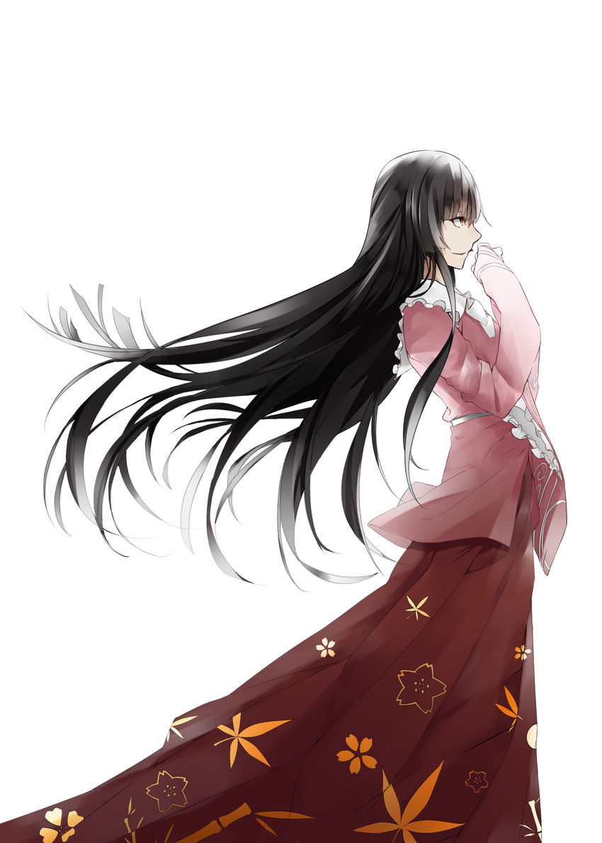 alternate_eye_color bangs black_hair bow frilled_shirt_collar frilled_sleeves frills hand_up highres hime_cut houraisan_kaguya japanese_clothes kimono leaf_print long_hair long_skirt long_sleeves milaria orange_eyes parted_lips red_skirt simple_background skirt smirk solo touhou very_long_hair white_background wide_sleeves wind