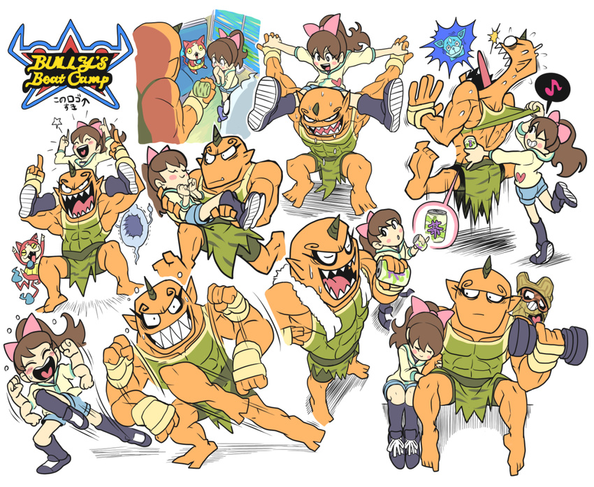 1girl abs afterimage blush_stickers bully_taichou carrying cat collage dokidoki_(youkai_watch) dumbbell exercise gashi-gashi haramaki hitodama jibanyan kodama_fumika komajirou long_hair multiple_tails muscle notched_ear oni orange_skin pointy_ears ponytail pose princess_carry samugari shoulder_carry tail weightlifting whisper_(youkai_watch) youkai youkai_watch youkai_watch_2