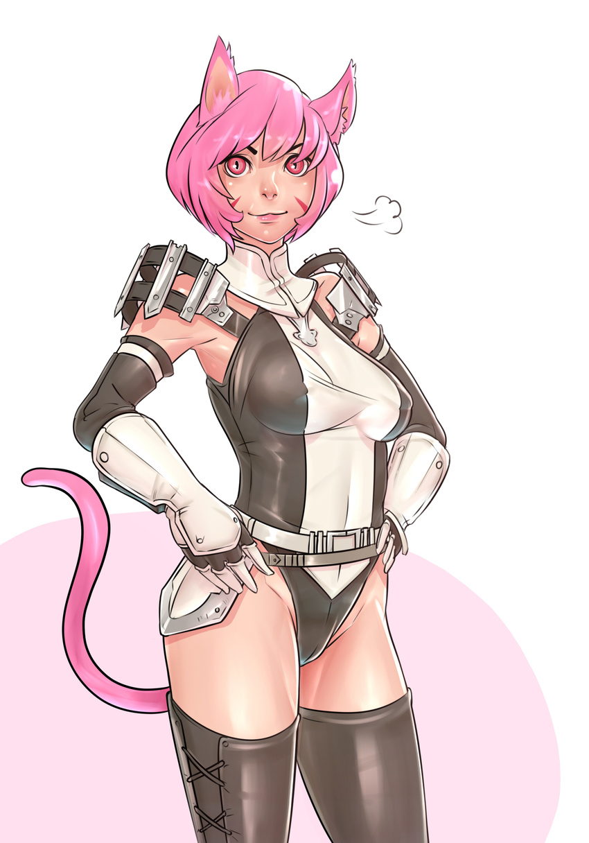 animal_ears black_legwear boots breasts cat_ears cat_tail cowboy_shot elbow_gloves faulds final_fantasy final_fantasy_xi gloves hands_on_hips highres john_doe large_breasts leotard lips md5_mismatch mithra nose pauldrons pink_eyes pink_hair resized short_hair smile solo tail thigh_boots thighhighs unaligned_breasts upscaled vambraces