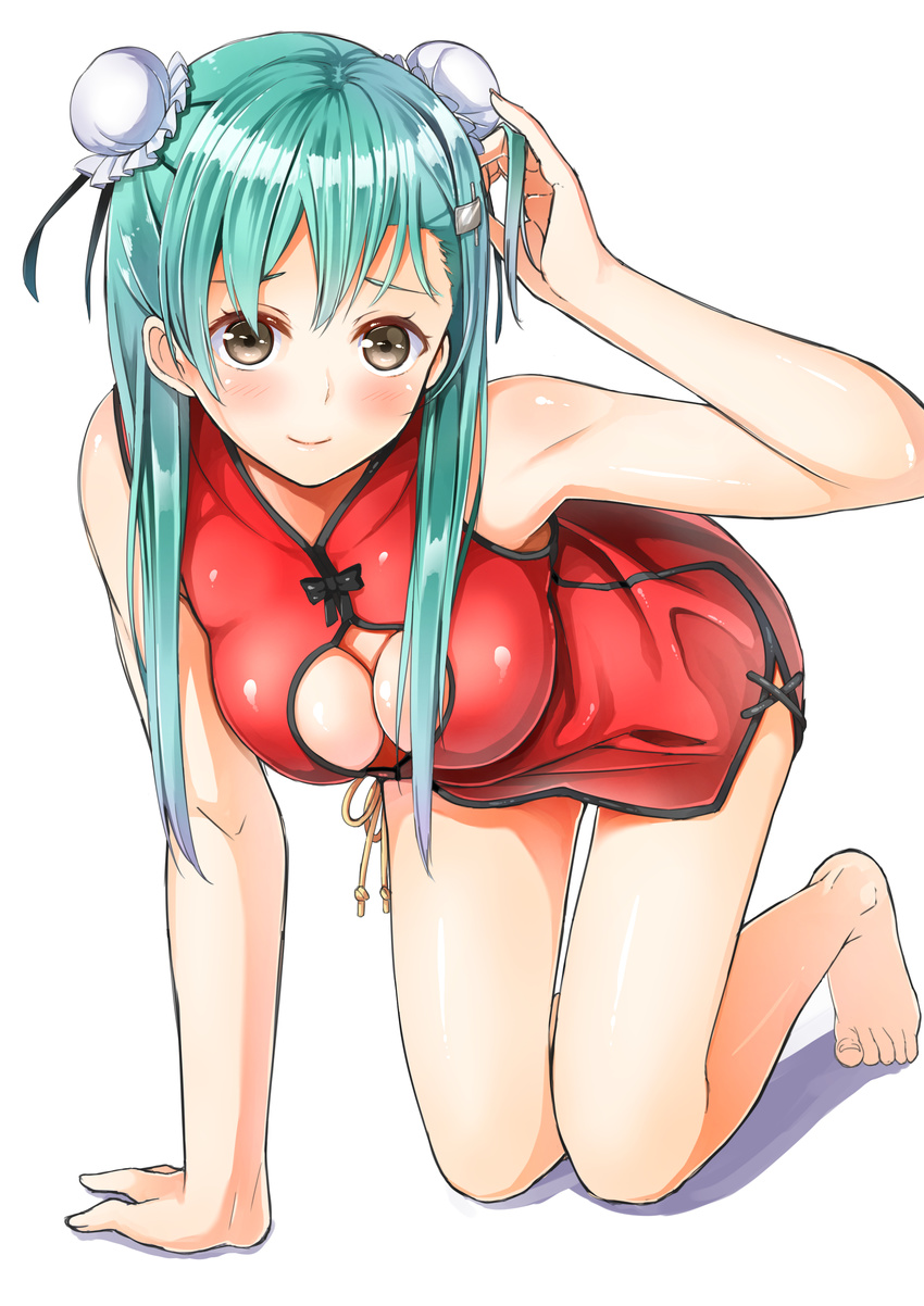 absurdres all_fours alternate_hairstyle aqua_hair barefoot blush breasts brown_eyes bun_cover byte_(allbyte) china_dress chinese_clothes cleavage_cutout double_bun downblouse dress full_body hair_ornament hair_tousle hairclip hand_in_hair highres kantai_collection long_hair looking_at_viewer medium_breasts simple_background smile solo suzuya_(kantai_collection) white_background