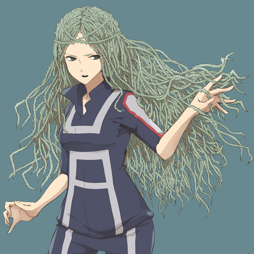 bad_id bad_pixiv_id blue_background boku_no_hero_academia green_eyes green_hair hand_in_hair highres katsuragi_(osaka8o2) long_hair looking_away open_mouth plant plant_hair popped_collar shiozaki_ibara simple_background solo thorns vines