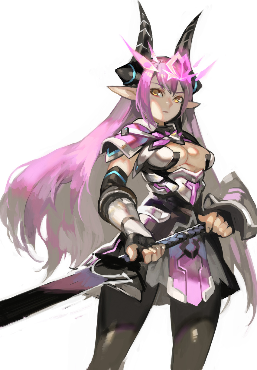 aoin borrowed_character breasts cleavage cleavage_cutout gauntlets highres horns large_breasts long_hair original pantyhose pauldrons pointy_ears purple_hair solo sword thighhighs weapon yellow_eyes