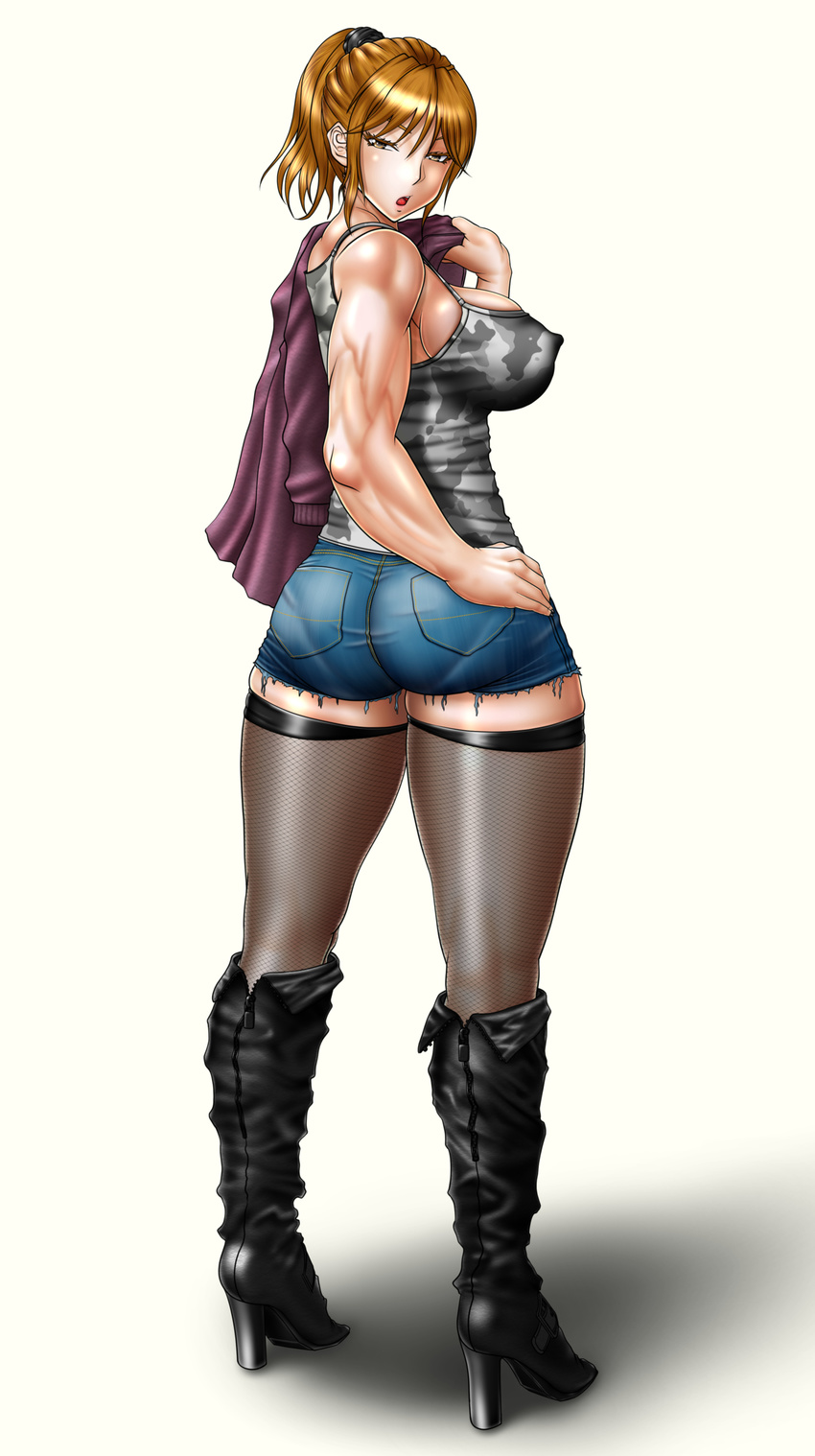 absurdres ass bad_id bad_pixiv_id blonde_hair boots breasts camouflage camouflage_tank_top covered_nipples cutoffs denim denim_shorts fishnet_legwear fishnets from_behind full_body hand_on_hip highres jacket_over_shoulder knee_boots large_breasts long_hair long_legs looking_back muscle muscular_female original ponytail saru_panitumu short_shorts shorts simple_background solo standing tank_top thighhighs