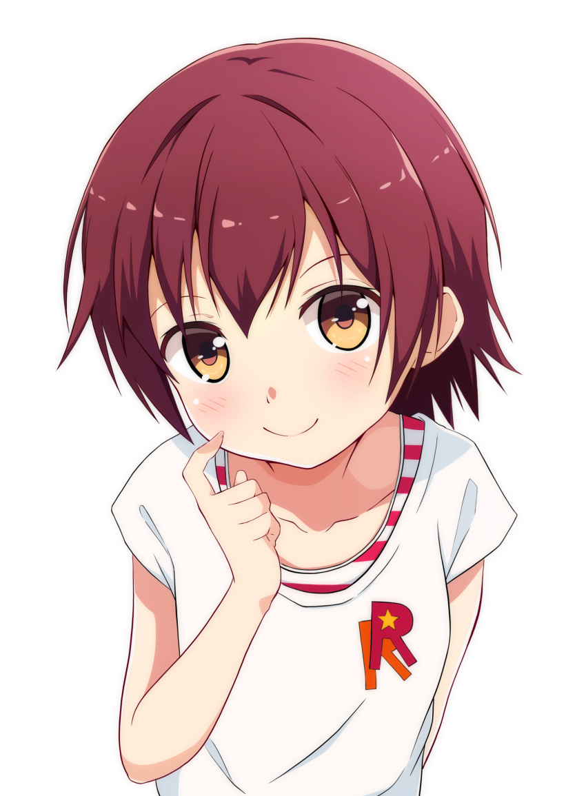 1girl absurdres akagi_miria bangs bare_arms blush closed_mouth collarbone commentary_request hand_up head_tilt highres idolmaster idolmaster_cinderella_girls index_finger_raised kimura_matsuri looking_at_viewer red_hair scratching_cheek shirt short_hair short_sleeves sidelocks simple_background smile solo star upper_body white_background white_shirt yellow_eyes