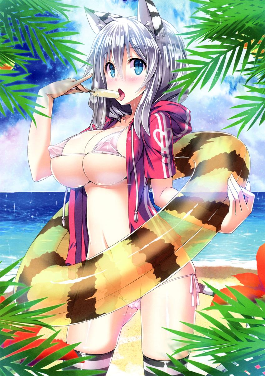 absurdres akaza animal_ears bikini blue_eyes blush breasts cameltoe cloud covered_nipples day flower food highres holding hood hoodie innertube large_breasts looking_at_viewer micro_bikini navel open_mouth original popsicle scan see-through shiny shiny_skin short_hair side-tie_bikini silver_hair sky solo sparkle striped striped_legwear swimsuit tail thighhighs tongue underboob water