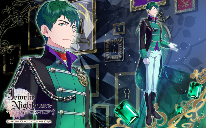 2013 badge black_footwear boots chain company_name copyright_name diamond-shaped_pupils emer_(jewelic_nightmare) emerald full_body gem gloves green_eyes green_hair highres jewelic_nightmare knee_boots male_focus monocle official_art pants sensui_takuma smile solo standing symbol-shaped_pupils uniform white_gloves yamamoto_kana zoom_layer