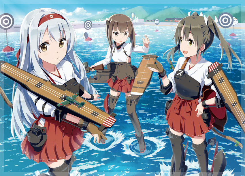 :d a6m_zero aircraft airplane ayuya_naka_no_hito black_hair bow_(weapon) brown_eyes brown_hair crossbow failure_penguin flight_deck gloves gochou_(atemonai_heya) hair_ribbon hairband highres japanese_clothes kantai_collection long_hair miss_cloud multiple_girls muneate ocean open_mouth ribbon short_hair shoukaku_(kantai_collection) silver_hair smile standing standing_on_liquid taihou_(kantai_collection) target twintails uniform water weapon zuikaku_(kantai_collection)