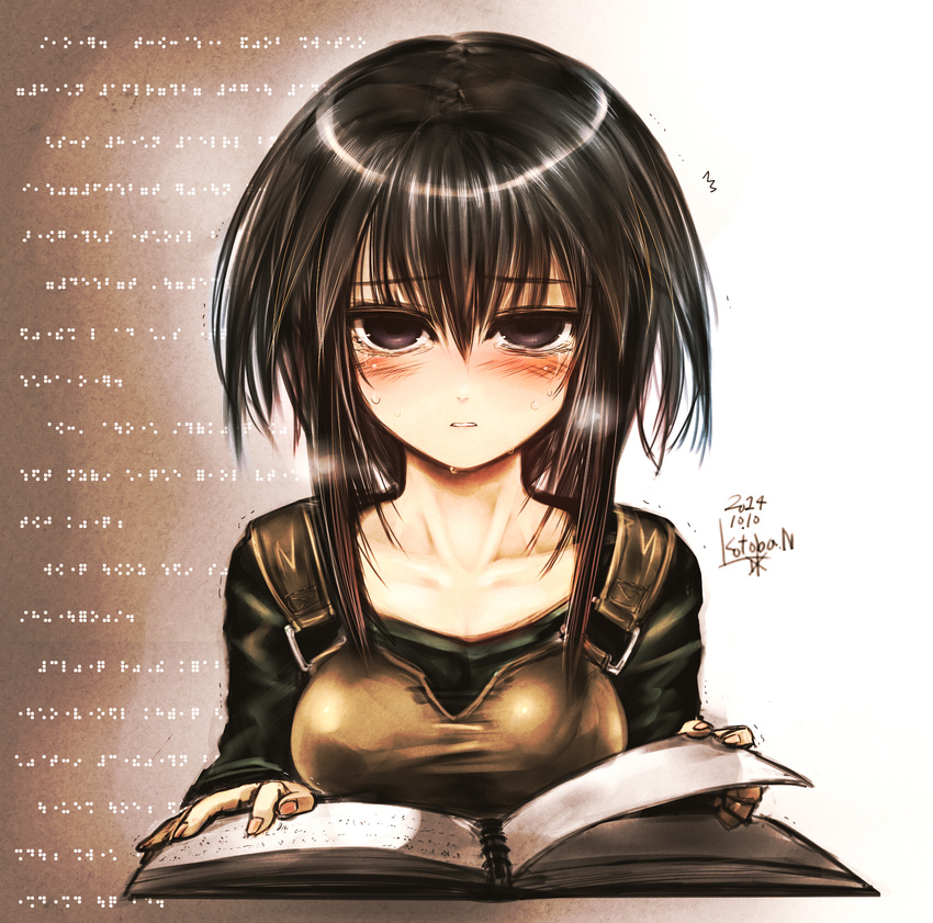 black_hair black_shirt blind blush book braille breasts crying crying_with_eyes_open dated empty_eyes eyebrows_visible_through_hair hair_between_eyes highres kotoba_noriaki large_breasts long_sleeves looking_at_viewer nail_polish open_book orange_nails original parted_lips reading shiny shiny_hair shirt signature solo tears
