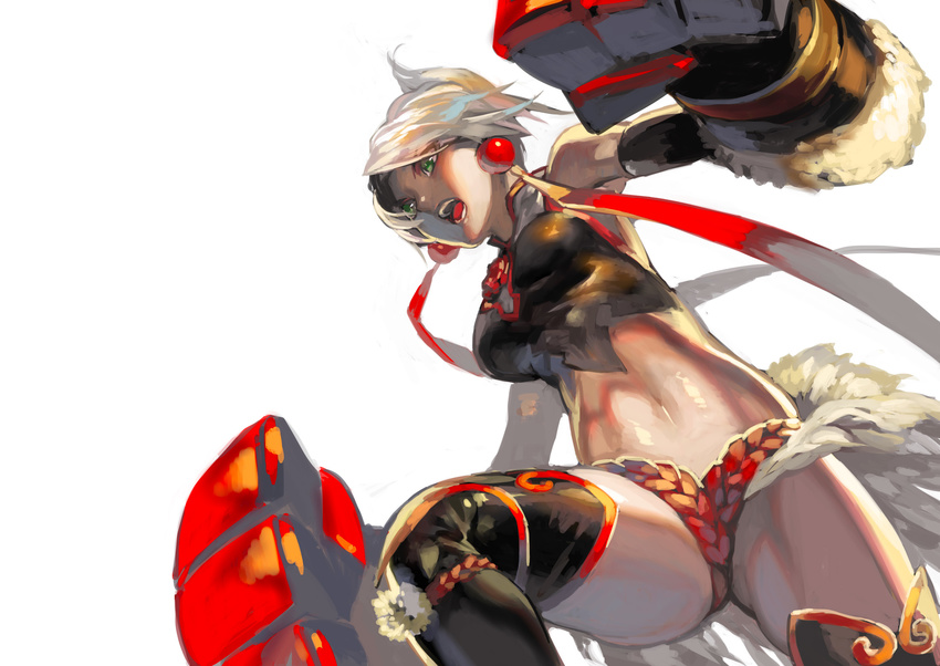 aoin blade_&amp;_soul blonde_hair borrowed_character breasts elbow_gloves gauntlets gloves green_eyes highres medium_breasts midriff navel open_mouth shiny shiny_skin short_hair sketch solo thighhighs thighs