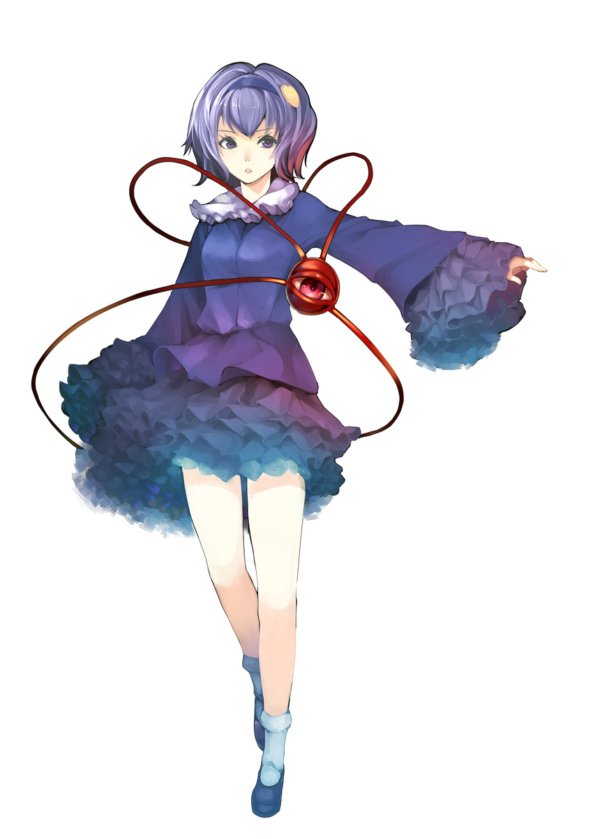 absurdres alternate_color alternate_costume alternate_hair_color bare_legs blue_hair frilled_skirt frilled_sleeves frills full_body gradient_hair hairband heart highres huangquan_dong_(sinchi) komeiji_satori loafers looking_at_viewer multicolored_hair outstretched_arm parted_lips purple_eyes shoes short_hair simple_background skirt socks solo third_eye touhou white_background