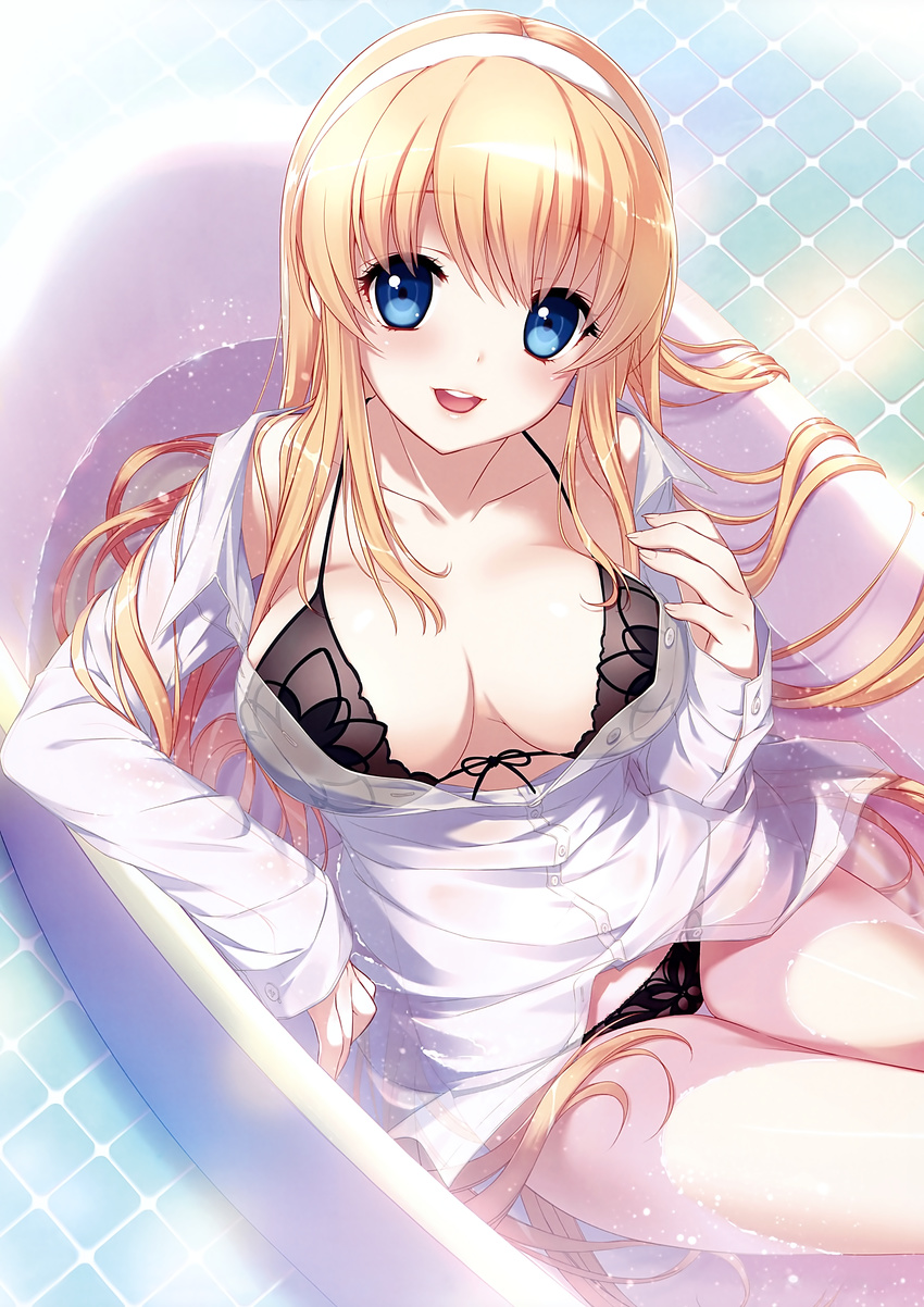 :d absurdres bathtub black_bra black_panties blonde_hair blue_eyes bra breasts buttons cleavage clothed_bath downblouse dress_shirt hairband highres large_breasts long_hair long_sleeves no_pants open_mouth panties partially_submerged shirahane_nao shirt smile solo thigh_gap tile_floor tiles underwear water white_shirt