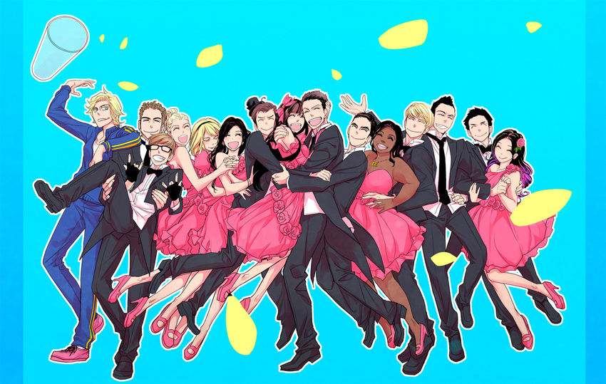 6+girls black_hair blaine_anderson blonde_hair brittany_s_pierce brown_hair carrying dress finn_hudson formal glee happy highres holding_hands hug jacket kiritomo_koroha kurt_hummel long_hair mercedes_jones mike_chang multiple_boys multiple_girls noah_puckerman princess_carry quinn_fabray rachel_berry sam_evans santana_lopez short_hair smile sue_sylvester suit tina_cohen-chang track_jacket will_schuester