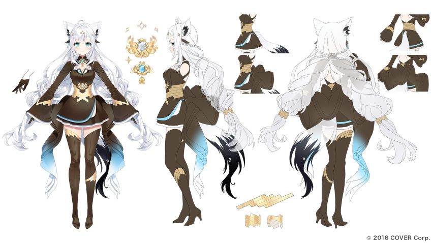 1girl a-pose ahoge ancotaku animal_ears aqua_eyes back_bow back_cutout black_dress black_gloves blue_brooch blue_gemstone blunt_bangs blush boots bow braid brooch cleavage_cutout closed_mouth clothing_cutout commentary_request company_name copyright_notice dress fox_ears fox_girl fox_tail full_body gem gloves gold_trim high_heel_boots high_heels highres hololive jewelry long_hair long_sleeves looking_at_viewer low-tied_long_hair low_twin_braids mahou_shoujo_holowitch! multiple_views official_alternate_costume official_alternate_hairstyle official_art pentagram reference_sheet shirakami_fubuki short_dress sidelocks simple_background solo tachi-e tail thigh_boots turnaround twin_braids virtual_youtuber white_background white_gemstone white_hair wide_sleeves