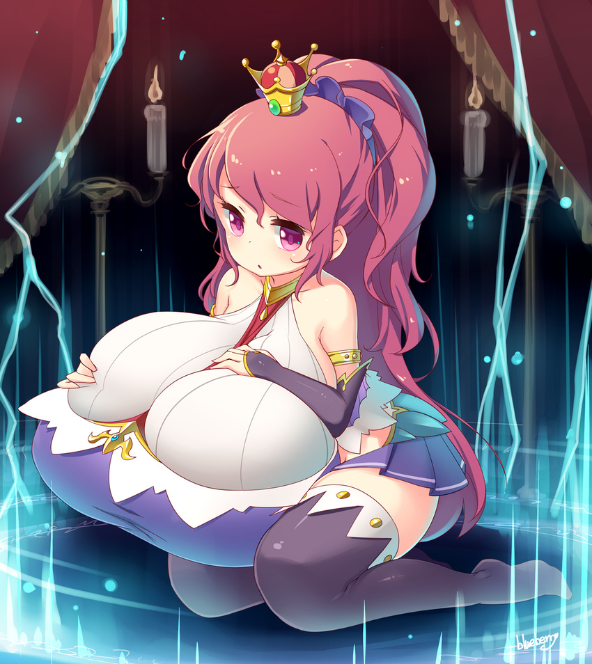 blueberry_(5959) blush breasts crown gigantic_breasts highres long_hair mini_crown ponytail purple_eyes red_hair solo thighhighs very_long_hair