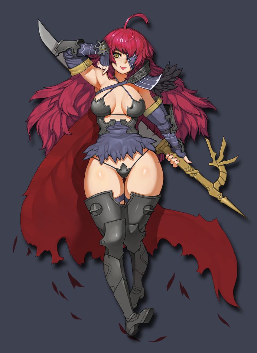 1girl ahoge breasts breasts_apart curvy eyepatch female full_body grey_background gurimjang large_breasts long_hair looking_at_viewer lying nail_polish no_bra on_back polearm red_hair simple_background smile solo thick_thighs thigh_gap weapon wide_hips yellow_eyes