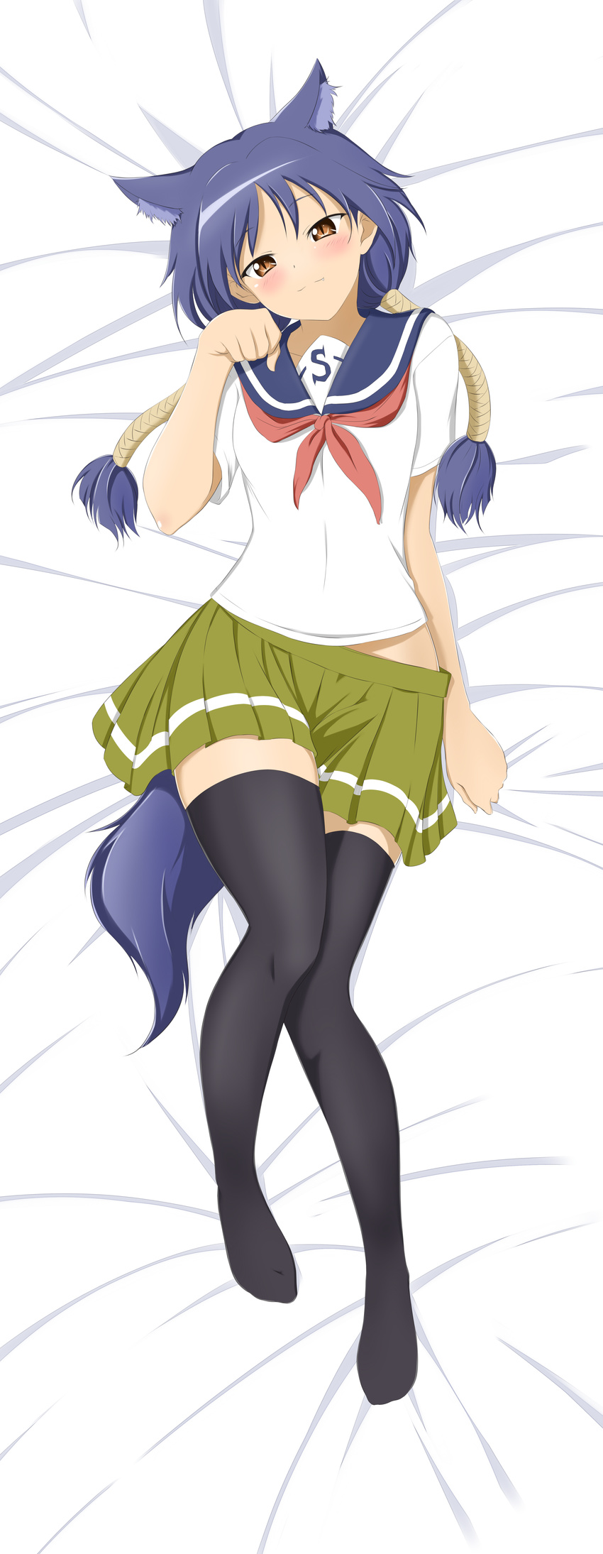 :3 absurdres alfred_cullado animal_ears blue_hair blush brown_eyes dakimakura fang from_above full_body galil_ar_(upotte!!) highres looking_at_viewer lying on_back paw_pose pleated_skirt school_uniform serafuku shirt short_sleeves skirt solo tail thighhighs upotte!! white_shirt zettai_ryouiki