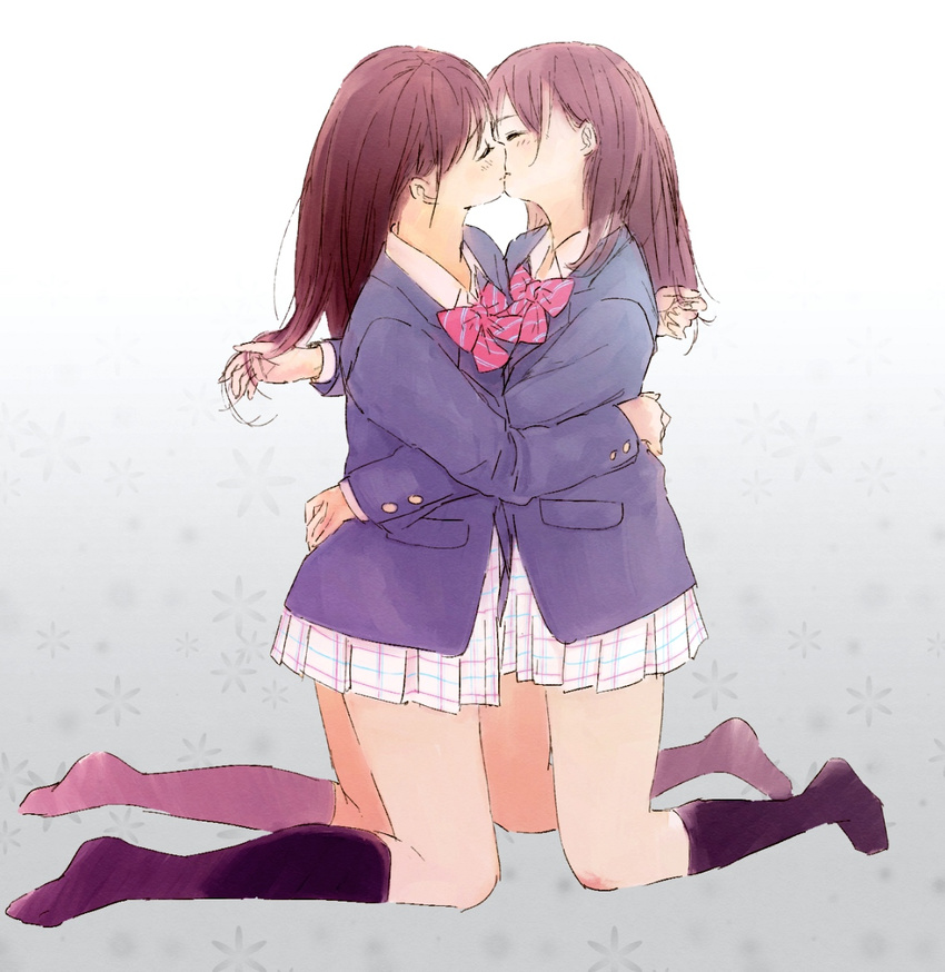 bad_id bad_pixiv_id blazer bow brown_hair closed_eyes highres jacket kiss kneehighs kneeling long_hair multiple_girls original playing_with_another's_hair school_uniform skirt syou_(endemic_species) yuri