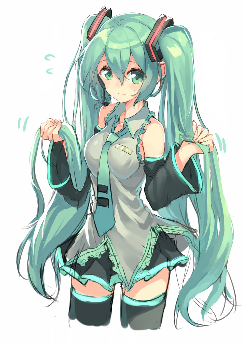 cropped_legs detached_sleeves green_eyes green_hair hair_tousle hajime_kaname hatsune_miku headset highres long_hair necktie skirt solo thighhighs twintails very_long_hair vocaloid white_background