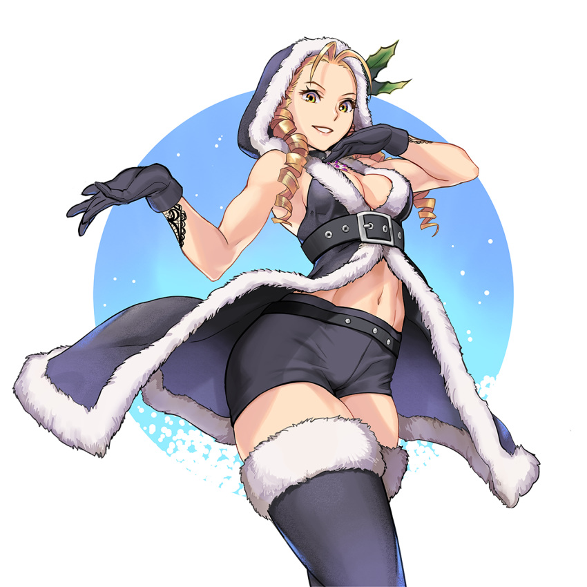 1girl alternate_costume amados antenna_hair bare_shoulders black_gloves black_hood black_legwear black_shorts blonde_hair boots breasts choker christmas cleavage commentary_request curly_hair drill_hair fur_trim gloves green_eyes hair_ornament highres holly holly_hair_ornament hood kanzuki_karin medium_breasts midriff navel no_bra ringlets shorts sleeveless solo street_fighter street_fighter_v thigh_boots thighhighs toned zettai_ryouiki