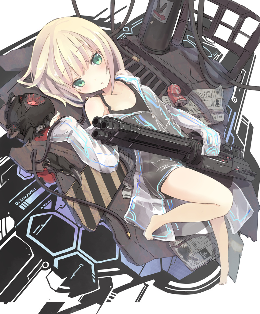 :o bare_legs barefoot black_shirt blonde_hair can dengeki_bunko dress flat_chest foreshortening green_eyes gun highres isegawa_yasutaka lily_(lily_in_the_gravity_labyrinth) lily_in_the_gravity_labyrinth looking_at_viewer lying md5_mismatch multiple_barrel_gun newspaper on_back open_mouth raincoat robot see-through shirt sleeveless sleeveless_shirt soda_can solo weapon wire