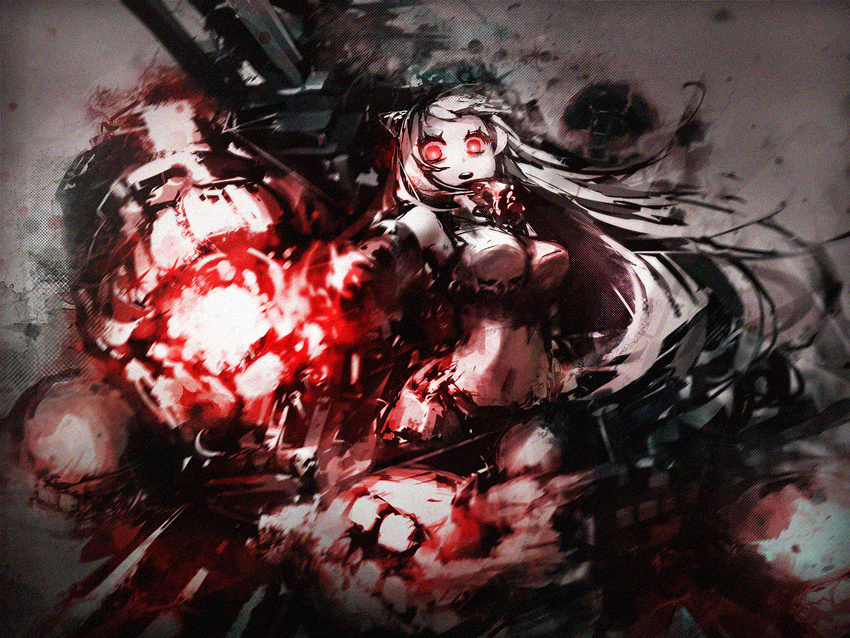 airfield_hime bad_id bad_pixiv_id doku_kinoko fire horns kantai_collection leotard long_hair open_mouth red_eyes shinkaisei-kan solo turret white_hair white_skin