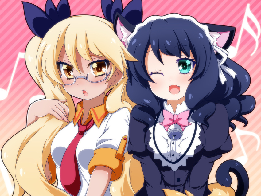 ;d animal_ears bell black_hair blonde_hair blush cat_ears cat_tail commentary curly_hair cyan_(show_by_rock!!) dog_tail fang glasses green_eyes hair_ribbon hairband highres long_hair looking_at_another looking_at_viewer multiple_girls necktie oborotsuki_kakeru one_eye_closed open_mouth red_neckwear retoree ribbon short_hair show_by_rock!! simple_background smile striped striped_background tail tareme tsurime twintails very_long_hair yellow_eyes yuri