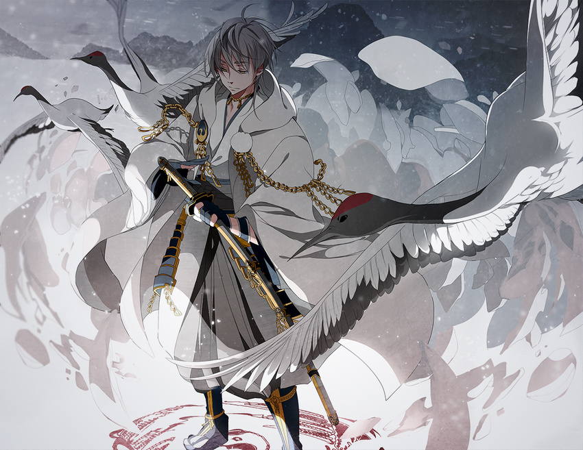 bird black_gloves crane_(animal) gloves japanese_clothes loyalists male_focus partly_fingerless_gloves silver_hair solo sword touken_ranbu tsurumaru_kuninaga weapon yellow_eyes