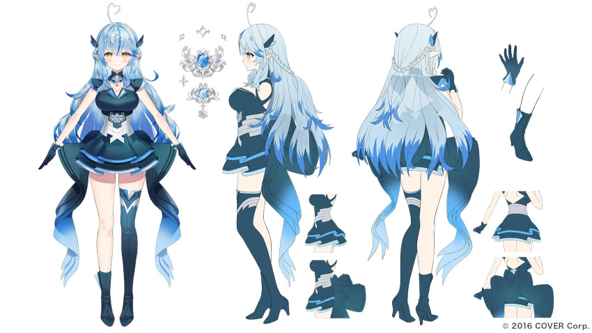 1girl a-pose ahoge ancotaku asymmetrical_legwear back_bow back_cutout black_dress black_gloves blue_brooch blue_gemstone blue_hair blush boots bow breasts cleavage_cutout closed_mouth clothing_cutout commentary_request company_name copyright_notice dress elf full_body gem gloves hair_ornament half_up_half_down_braid heart heart_ahoge high_heel_boots high_heels highres hololive large_breasts long_hair long_sleeves looking_at_viewer mahou_shoujo_holowitch! multiple_views official_alternate_costume official_alternate_hairstyle official_art pointy_ears reference_sheet short_dress silver_trim simple_background single_boot single_thigh_boot sleeveless sleeveless_dress solo tachi-e thigh_boots virtual_youtuber white_background yellow_eyes yukihana_lamy