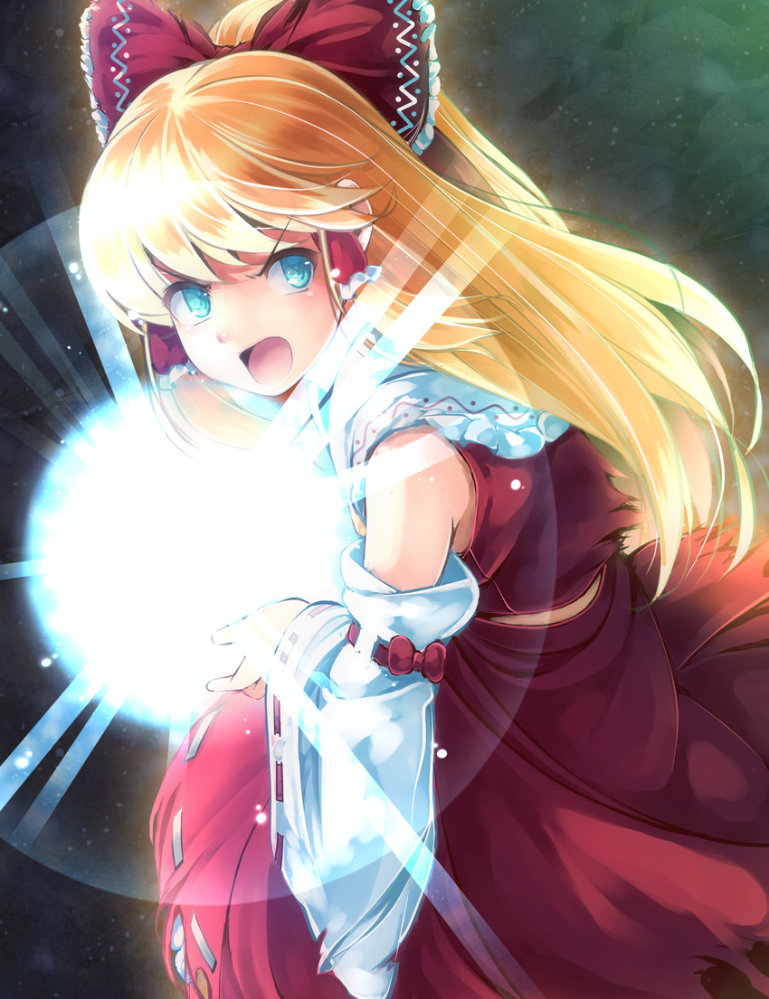 aqua_eyes bare_shoulders blonde_hair bow d: detached_sleeves dragon_ball glowing hair_bow hair_ribbon hair_tubes hakurei_reimu highres kamehameha komimiyako large_bow long_hair open_mouth parody ribbon skirt solo super_saiyan touhou v-shaped_eyebrows vest