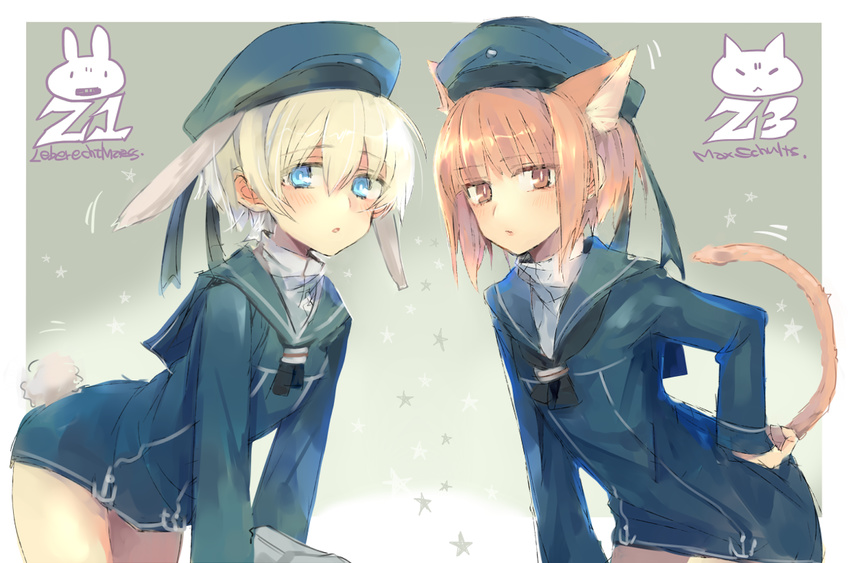 animal_ears blonde_hair blue_eyes blush brown_eyes brown_hair bunny_ears bunny_tail cat_ears cat_tail character_name hand_on_hip hat kantai_collection kemonomimi_mode leaning_forward looking_at_viewer multiple_girls open_mouth short_hair sketch tail yukko z1_leberecht_maass_(kantai_collection) z3_max_schultz_(kantai_collection)