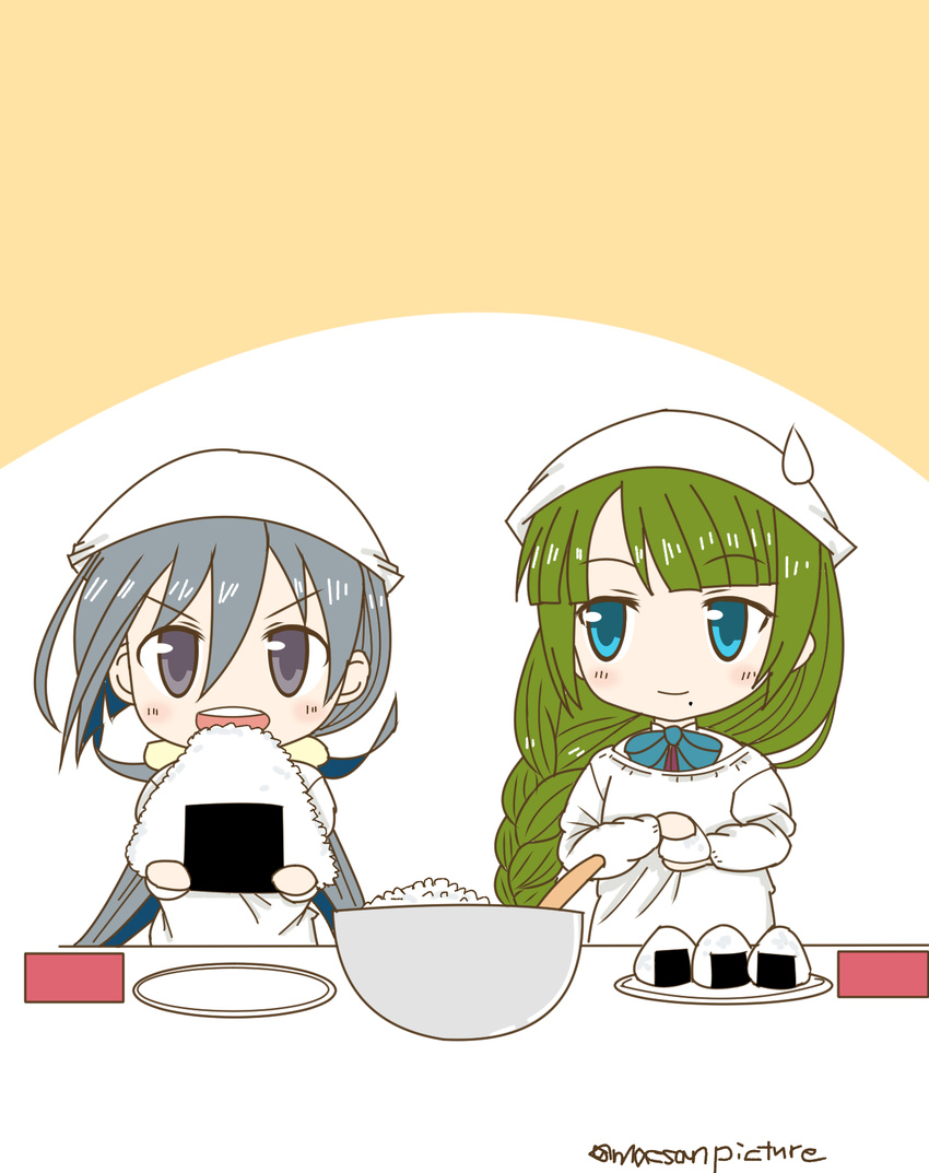 :d black_eyes blue_eyes bow bowl bowtie braid chibi food green_eyes grey_hair head_scarf highres kantai_collection kappougi kiyoshimo_(kantai_collection) looking_at_viewer mae_(maesanpicture) mole mole_under_mouth multiple_girls onigiri open_mouth plate rice rice_bowl single_braid smile sweatdrop tenugui twitter_username v-shaped_eyebrows yuugumo_(kantai_collection)