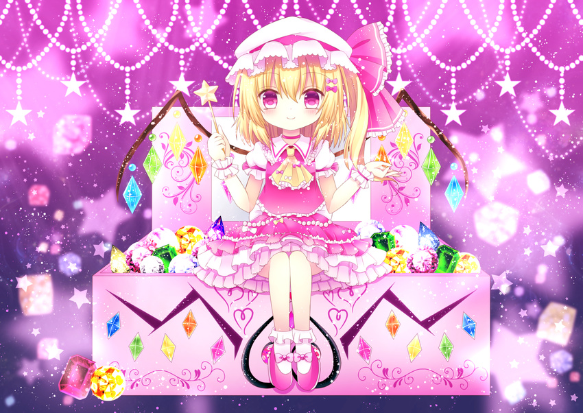 ankle_socks ascot blonde_hair emerald flandre_scarlet frilled_skirt frills gem hair_ornament hat hat_ribbon highres himetsuki_luna jewelry_box light_particles looking_at_viewer mary_janes mob_cap puffy_short_sleeves puffy_sleeves purple_background red_eyes ribbon ruby_(stone) sapphire_(stone) shoe_ribbon shoes short_hair short_sleeves side_ponytail sitting sitting_on_object skirt skirt_set smile solo star topaz_(stone) touhou wand wings wrist_cuffs
