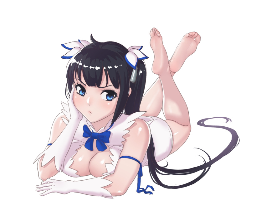 bad_id bad_pixiv_id bare_shoulders barefoot black_hair blue_eyes breasts cleavage dress dungeon_ni_deai_wo_motomeru_no_wa_machigatteiru_darou_ka feet full_body gloves hand_on_own_face hestia_(danmachi) large_breasts legs legs_up long_hair lying on_stomach plantar_flexion rei_no_himo ribbon seeker_(shzyu) simple_background soles solo the_pose toes twintails white_background