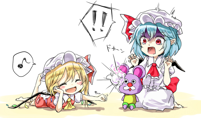 !! 2girls :d ^_^ bat_wings blonde_hair blue_hair bow closed_eyes doll dress eighth_note fang flandre_scarlet hat hat_bow highres multiple_girls musical_note open_mouth pastel-kun puffy_short_sleeves puffy_sleeves red_dress reflec_beat remilia_scarlet short_hair short_sleeves smile spoken_exclamation_mark spoken_musical_note tears touhou wings yamato_(muchuu_paradigm)